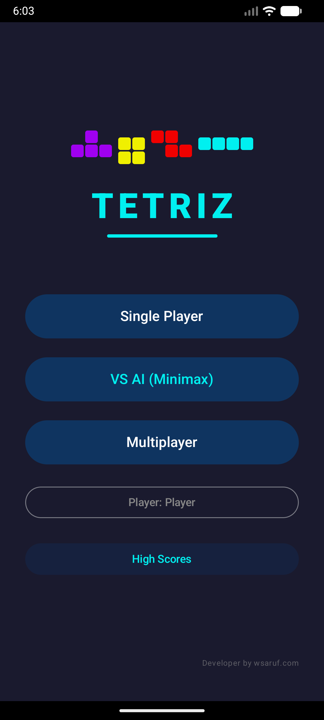 Ecrã do menu principal do Tetriz com o logótipo e os modos de jogo.